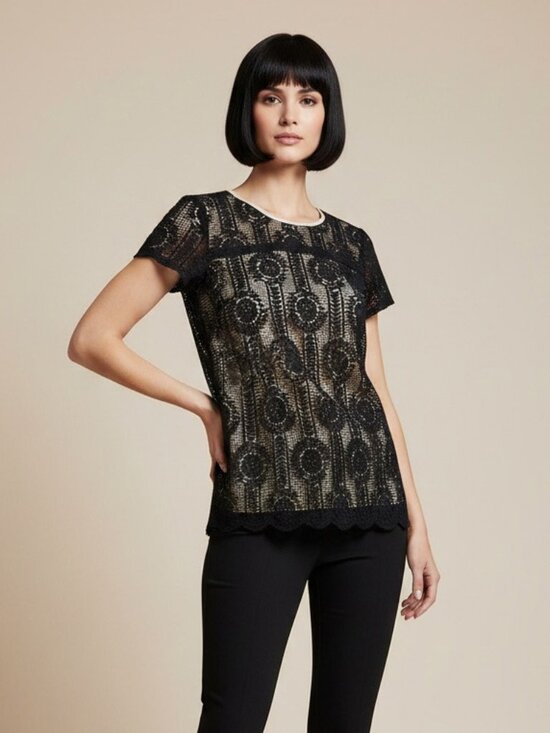 Karl Lagerfeld Tops - KARL LAGERFELD 60s Mod Style Cotton Blend Black Lace Lined Blouse